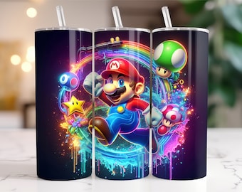 Super Mario Tumbler Wrap PNG, Diseño digital de salpicaduras de acuarela de 20 oz, Alta resolución, Descarga digital PNG instantánea