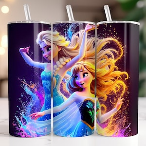 Elsa and Anna Frozen Tumbler Wrap PNG, 20 oz Watercolor Splash Digital Design - High Resolution - Instant Digital PNG Download