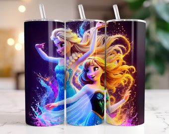 Elsa and Anna Frozen Tumbler Wrap PNG, 20 oz Watercolor Splash Digital Design - High Resolution - Instant Digital PNG Download