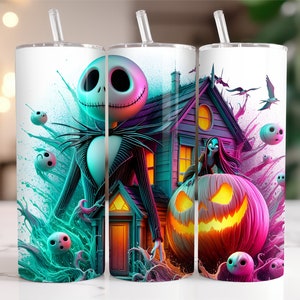 Jack and Sally Tumbler Wrap PNG, 20 oz Watercolor Splash Digital Design - High Resolution - Instant Digital PNG Download