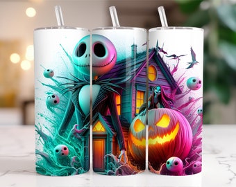 Jack y Sally Tumbler Wrap PNG, 20 oz Acuarela Splash Diseño Digital - Alta Resolución - Descarga Digital Instantánea PNG