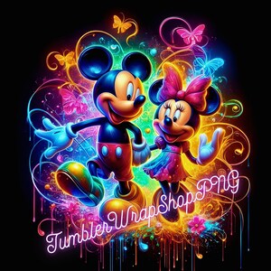 May include: A colorful illustration of Mickey Mouse and Minnie Mouse in a neon-like style. Mickey is wearing red shorts and yellow shoes. Minnie is wearing a pink dress and red shoes. The background is a swirling pattern of colors and butterflies.