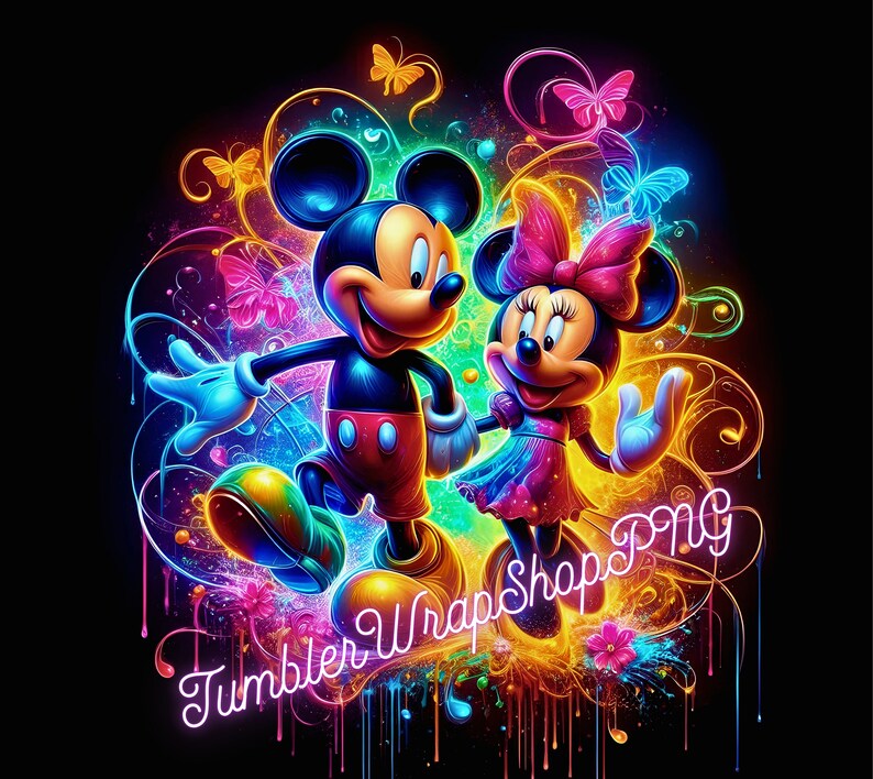 May include: A colorful illustration of Mickey Mouse and Minnie Mouse in a neon-like style. Mickey is wearing red shorts and yellow shoes. Minnie is wearing a pink dress and red shoes. The background is a swirling pattern of colors and butterflies.