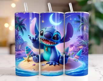 Envoltura para vaso Stitch PNG, diseño digital con salpicaduras de acuarela de 20 oz - Alta resolución - Descarga instantánea de PNG digital