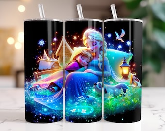 Elsa and Anna Frozen Tumbler Wrap PNG, 20 oz Watercolor Splash Digital Design - High Resolution - Instant Digital PNG Download