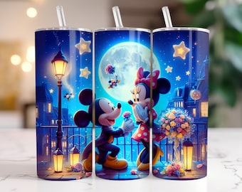 Opakowanie na kubek z motywem Myszki Miki i Myszki Minnie w formacie PNG, 20 oz. Akwarela Splash, projekt cyfrowy — wysoka rozdzielczość — natychmiastowe pobieranie cyfrowego pliku PNG