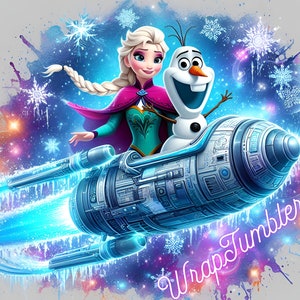 May include: Elsa and Olaf from Frozen are riding in a spaceship with a blue and white design. The spaceship is leaving a blue trail behind it. The background is a watercolor-style design with snowflakes.