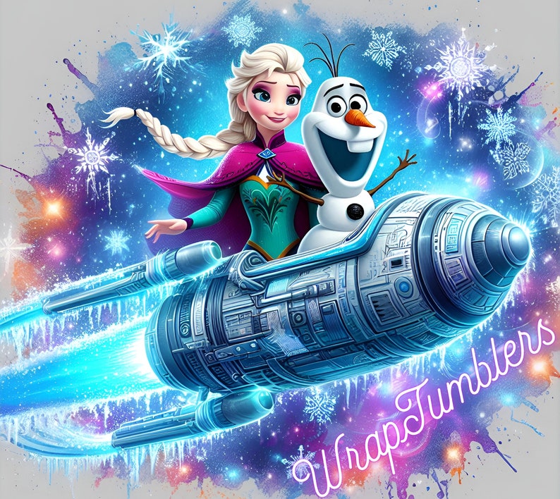May include: Elsa and Olaf from Frozen are riding in a spaceship with a blue and white design. The spaceship is leaving a blue trail behind it. The background is a watercolor-style design with snowflakes.