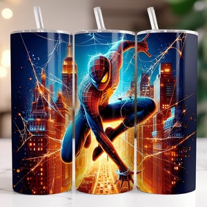 May include: A red and blue Spiderman character is shown in a dynamic pose, swinging through a city skyline with web lines. The background is a vibrant orange and blue cityscape with glowing lights.