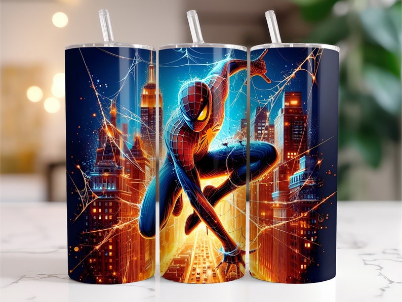 May include: A red and blue Spiderman character is shown in a dynamic pose, swinging through a city skyline with web lines. The background is a vibrant orange and blue cityscape with glowing lights.