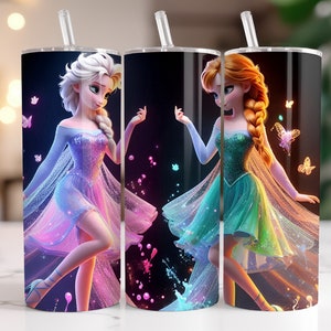 Elsa and Anna Frozen Tumbler Wrap PNG, 20 oz Watercolor Splash Digital Design - High Resolution - Instant Digital PNG Download