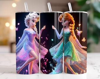 Elsa y Anna Frozen Tumbler Wrap PNG, Diseño digital de salpicaduras de acuarela de 20 oz, Alta resolución, Descarga digital instantánea PNG