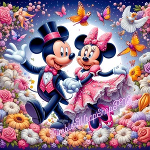Peut inclure: Mickey Mouse et Minnie Mouse sont habill&eacute;s en tenue de soir&eacute;e, debout dans un champ de fleurs color&eacute;es. Mickey porte un smoking noir avec un n&oelig;ud papillon rose et Minnie porte une robe rose avec une superposition de dentelle blanche. Ils sourient tous les deux et se regardent.