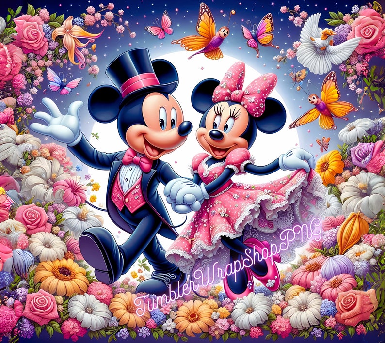 Peut inclure: Mickey Mouse et Minnie Mouse sont habill&eacute;s en tenue de soir&eacute;e, debout dans un champ de fleurs color&eacute;es. Mickey porte un smoking noir avec un n&oelig;ud papillon rose et Minnie porte une robe rose avec une superposition de dentelle blanche. Ils sourient tous les deux et se regardent.