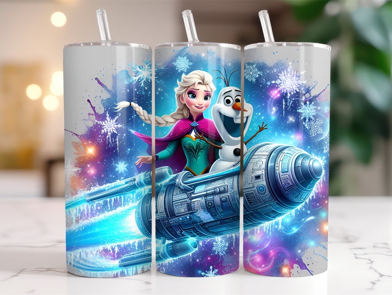 May include: A stainless steel tumbler with a colorful design featuring Elsa and Olaf from Frozen riding a spaceship. The background is a galaxy with stars and snowflakes.