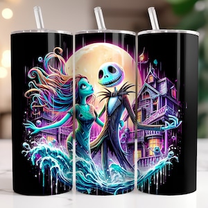 Jack and Sally Tumbler Wrap PNG, 20 oz Watercolor Splash Digital Design - High Resolution - Instant Digital PNG Download