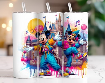 Mickey Mouse and Minnie Tumbler Wrap PNG, 20 oz Watercolor Splash Digital Design - High Resolution - Instant Digital PNG Download