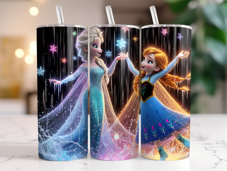 May include: Three stainless steel tumblers with a black background and images of the characters from the movie Frozen. The tumblers feature Elsa, Anna, and a snowflake design.