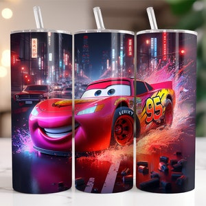 May include: A red and yellow racing car with the number 95 on the side is driving through a city street at night. The car is surrounded by a pink and orange mist. The image is on a stainless steel tumbler.