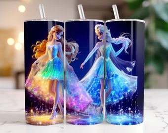 Elsa and Anna Frozen Tumbler Wrap PNG, 20 oz Watercolor Splash Digital Design - High Resolution - Instant Digital PNG Download