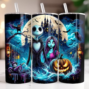 Jack and Sally Tumbler Wrap PNG, 20 oz Watercolor Splash Digital Design - High Resolution - Instant Digital PNG Download
