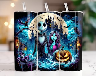 Envoltura para vaso Jack and Sally PNG, diseño digital con salpicaduras de acuarela de 20 oz - Alta resolución - Descarga instantánea de PNG digital