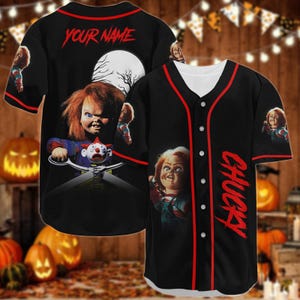 Personalized Chucky Baseball Jersey, Child&#39;s Play Movie Jersey Shirt, Horror Movie Baseball Shirt, Movie Killer Jersey, Halloween Gifts