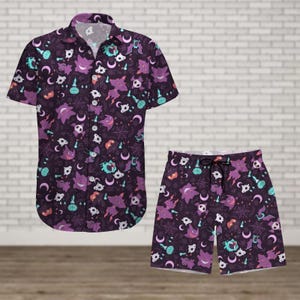 Camicia con bottoni anime, pantaloncini da uomo, camicia hawaiana manga, camicia estiva, camicia da spiaggia, camicia tropicale, camicia da uomo, camicia da vacanza Aloha