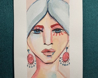 Ava | 5.1 x 9 | Abstract Woman Portrait Face Fashion Boho Flowers Colourful Original Painting Impressionist First Nations Watercolour