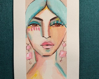 Alice | 5.1 x 9 | Abstract Woman Portrait Face Fashion Boho Flowers Colourful Original Painting Impressionist First Nations Watercolour