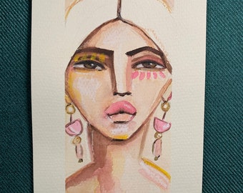 Abigail | 5.1 x 9 | Abstract Woman Portrait Face Fashion Boho Flowers Colourful Original Painting Impressionist First Nations Watercolour