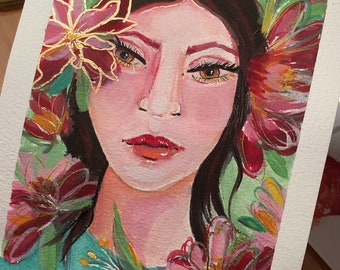 Ruby | A5 size  5.8x8.3 | Abstract Woman Portrait Face Art Boho Flowers Colourful Original Painting Impressionist Modern Gold Leaf