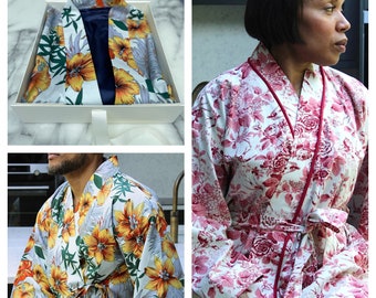 Luxe katoenen handgemaakte kimono-geïnspireerde kamerjas, met contrasterende zijdeachtige voering
