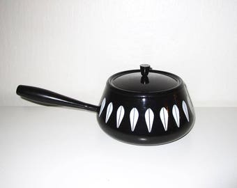 Catherineholm Fondue Pot - Black and White Lotus Design - Scandinavian Mid-century Modern Enamelware - Vintage