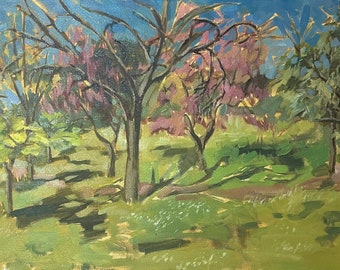 oil painting spring landscape pink flower trees