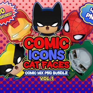 Può includere: Grafica digitale con volti di personaggi dei fumetti stilizzati come gatti. L'immagine include il testo "COMIC ICONS CAT FACES" e "COMIC MIX PNG BUNDLE VOL.1". Il testo aggiuntivo indica "10 DISEGNI!" e "4K PNG". Lo sfondo è un motivo a pois rossi e blu.