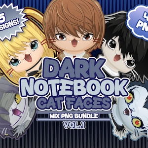 Può includere: Illustrazione digitale con cinque facce di gatto dei cartoni animati ispirate all'anime "Death Note". L'immagine include il testo "DARK NOTEBOOK CAT FACES" e "MIX PNG BUNDLE VOL.1". Una nuvola indica "4K PNG" e una stella "5 DESIGNS!"