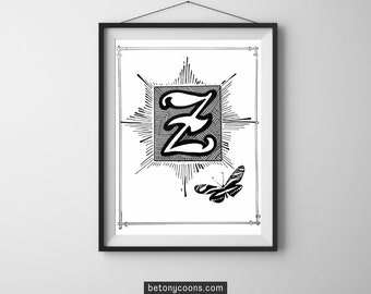 Letter 'Z' Printable Wall Art | Initial Letter Print | Alphabet Letter Z | Nursery Letter Print | Instant Download BLACK AND WHITE