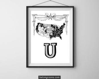 Letter 'U' Printable Wall Art | Initial Letter Print | Alphabet Letter U | Nursery Letter Print | Instant Download BLACK AND WHITE