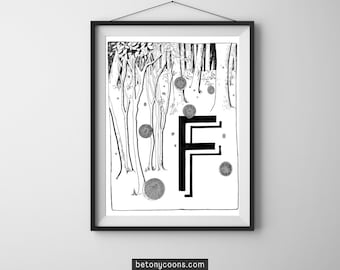 Letter 'F' Printable Wall Art | Initial Letter Print | Alphabet Letter F | Nursery Letter Print | Instant Download BLACK AND WHITE