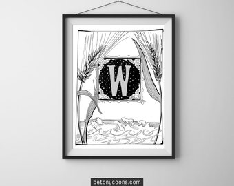 Letter 'W' Printable Wall Art | Initial Letter Print | Alphabet Letter W | Nursery Letter Print | Instant Download BLACK AND WHITE