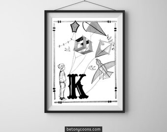 Letter 'K' Printable Wall Art | Initial Letter Print | Alphabet Letter K | Nursery Letter Print | Instant Download BLACK AND WHITE