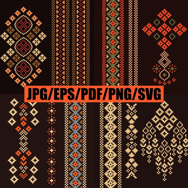 Image set digital download motif ethnic pattern pixel art background for print decor cloth, carpet, scarf, wrap, wallpaper, paper or other.