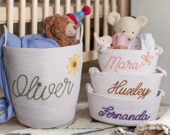 Cesta de regalo personalizada para baby shower, cesta de regalo para bebés de algodón con cuerda, cesta de regalo para bebés, cesta de juguetes, regalo para recién nacidos, regalo personalizado con nombre de bebé
