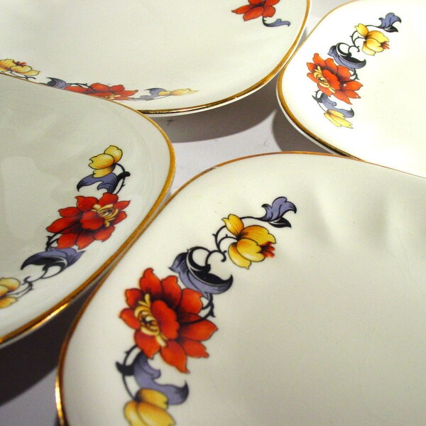 Set of 4  1920s Square Floral Bread and Butter Plates - Vintage Limoges Sebring Ohio Golden Glow Floral Pattern