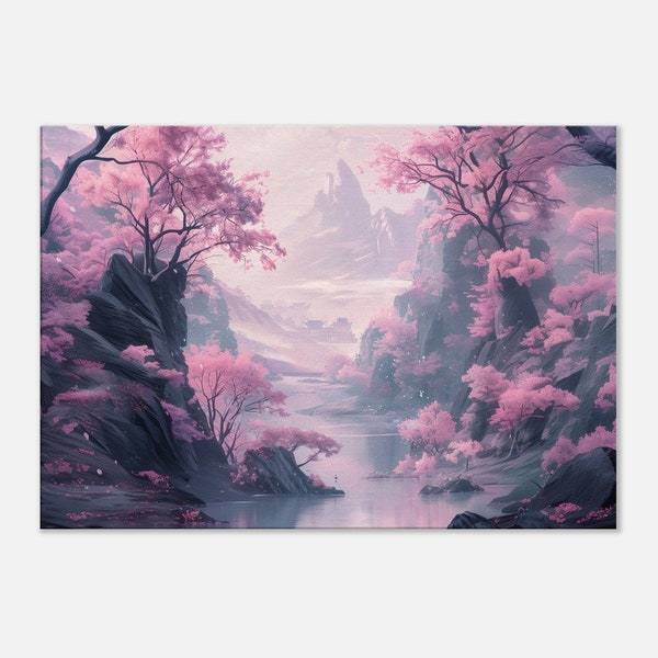 Riverside Dream Landscape Wall Art Canvas, Fantasy Land Pastel Colors & Pink Trees