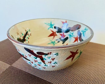 6.5-inch Handmade Ceramic Bowl with Japanese Traditional Cherry-blossom and Autumn Leaves Pattern, Noodle Bowl, Ramen Bowl, Un-Kin-De, 雲錦手