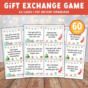 Spel kerstcadeauruil, spel witte olifant, geef het cadeau-spel door, geef het cadeau-spel door, geheime kerstkaarten, afdrukbare kerstspellen