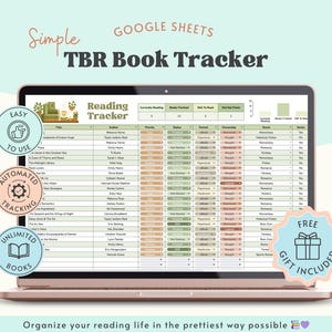 May include: A laptop screen shows a Google Sheets TBR Book Tracker. The spreadsheet lists book titles, authors, and reading progress. The design uses pastel colours and circular graphics with text like "Easy to Use" and "Automated Tracking."