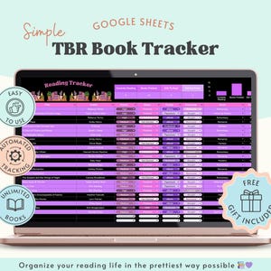 Könnte beinhalten: Ein Laptop zeigt einen digitalen TBR Book Tracker in Tabellenkalkulationsform. Der Tracker ist in Lila- und Schwarztönen gehalten, mit den Worten "Simple", "GOOGLE SHEETS" und "TBR Book Tracker" oben. Das Bild enthält Symbole und den Text "EASY TO USE", "AUTOMATED TRACKING" und "UNLIMITED BOOKS."